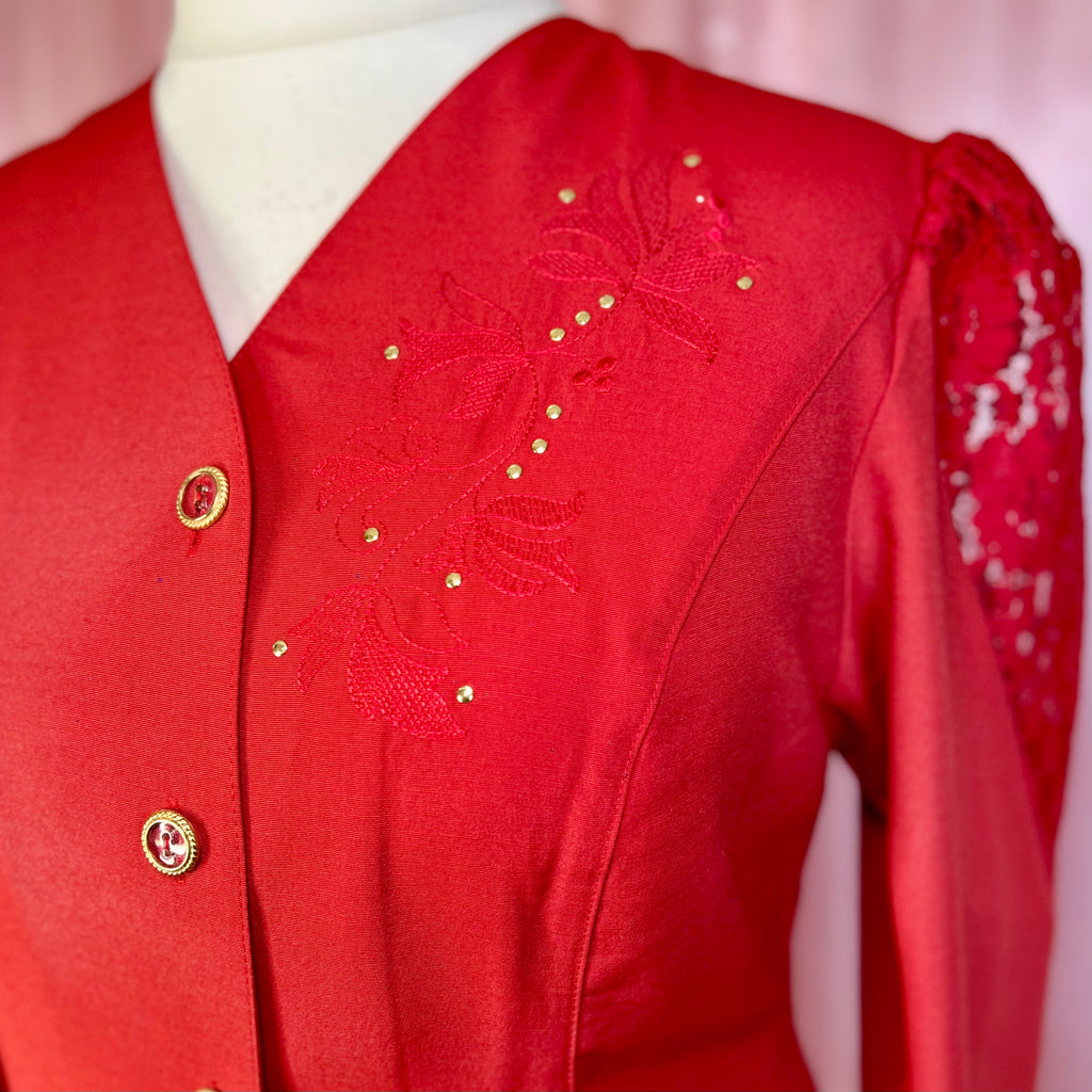 1980s Red embellished blouse, unbranded, size 16