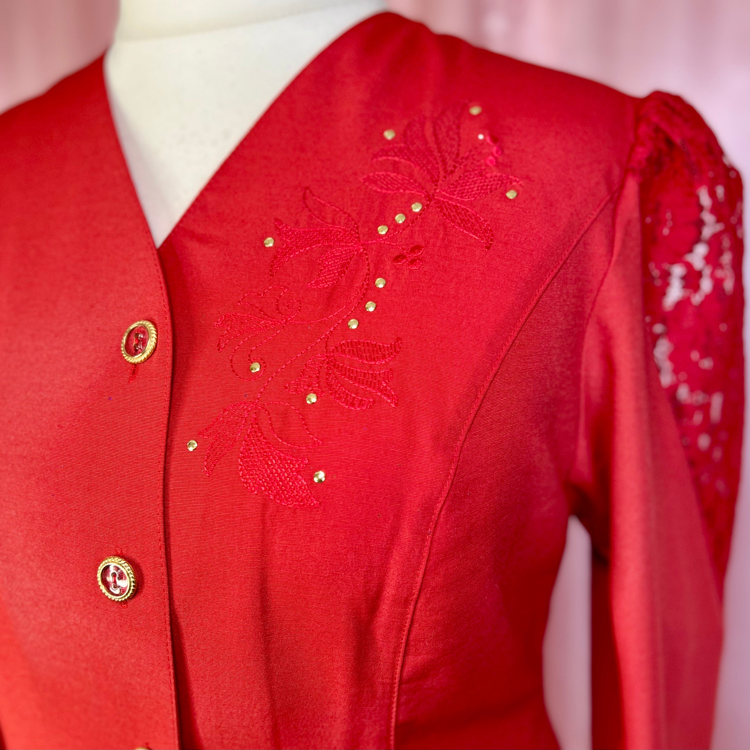 1980s Red embellished blouse, unbranded, size 16