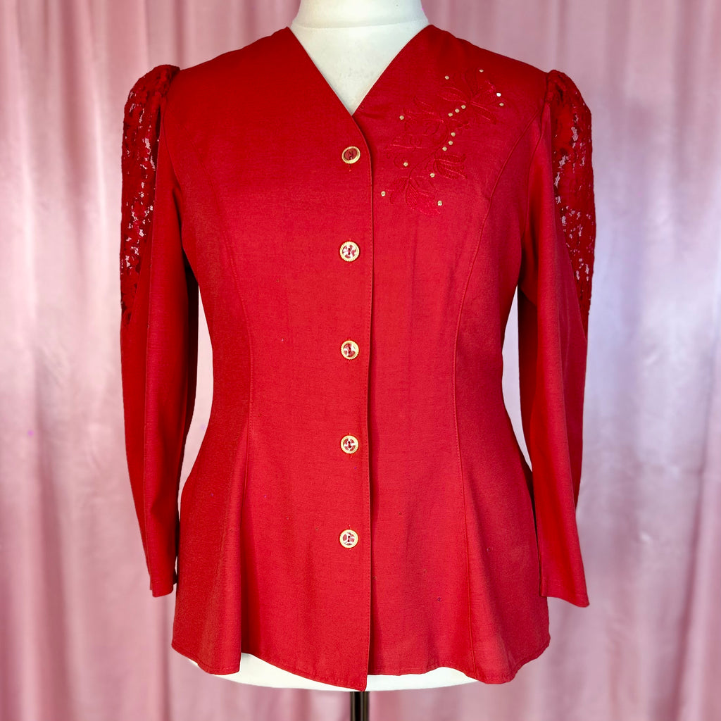1980s Red embellished blouse, unbranded, size 16