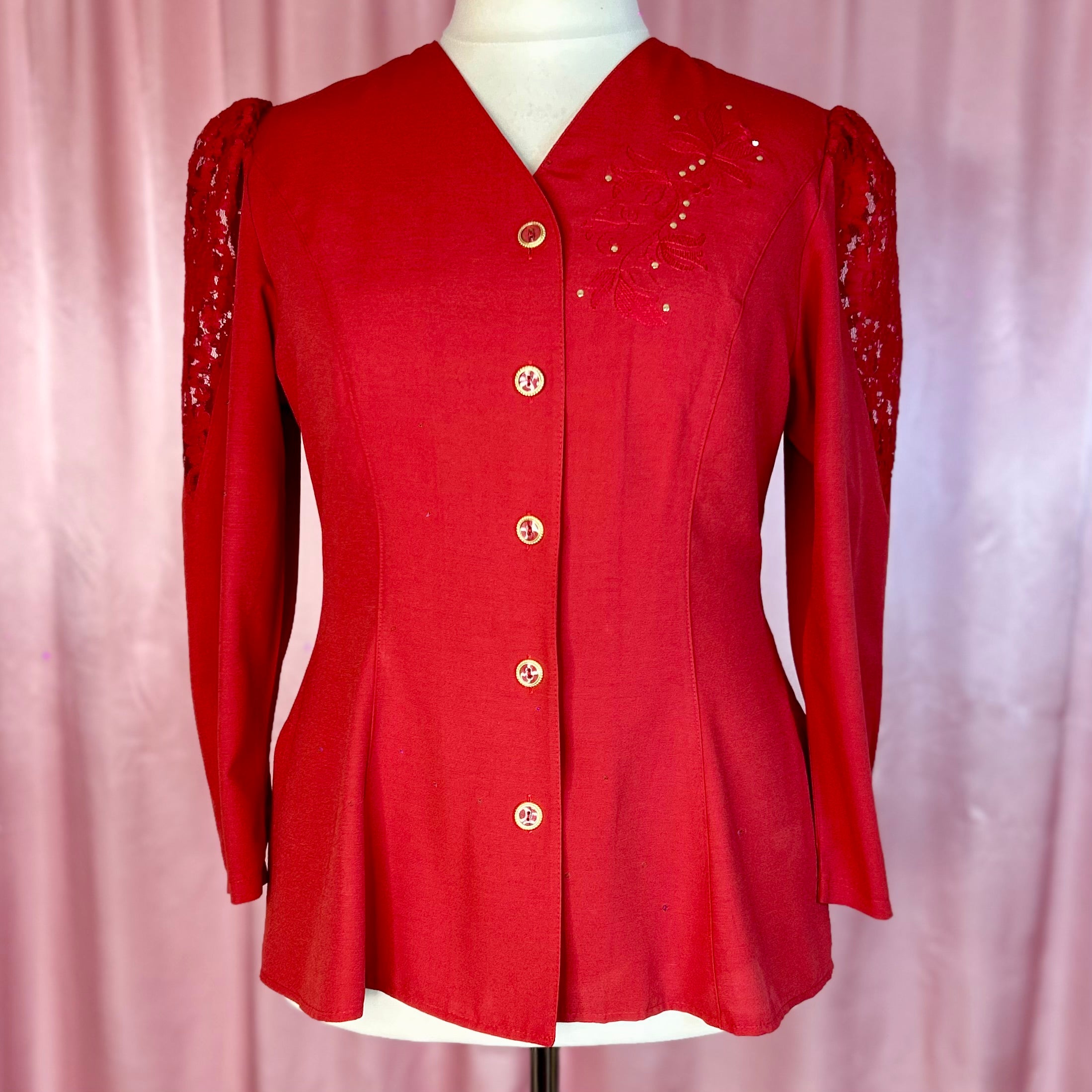1980s Red embellished blouse, unbranded, size 16