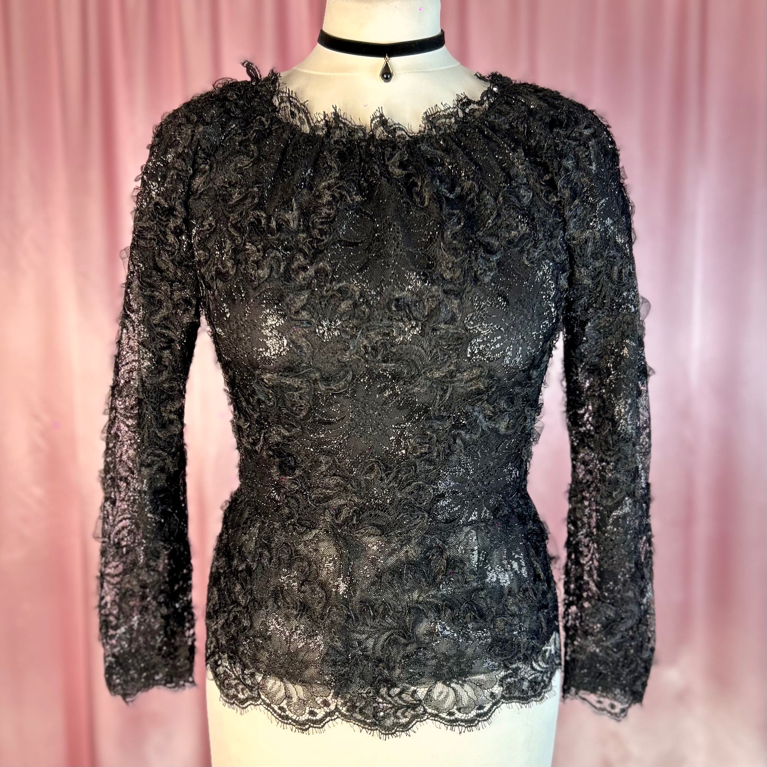 1980s black lacey top, Handmade, size 8