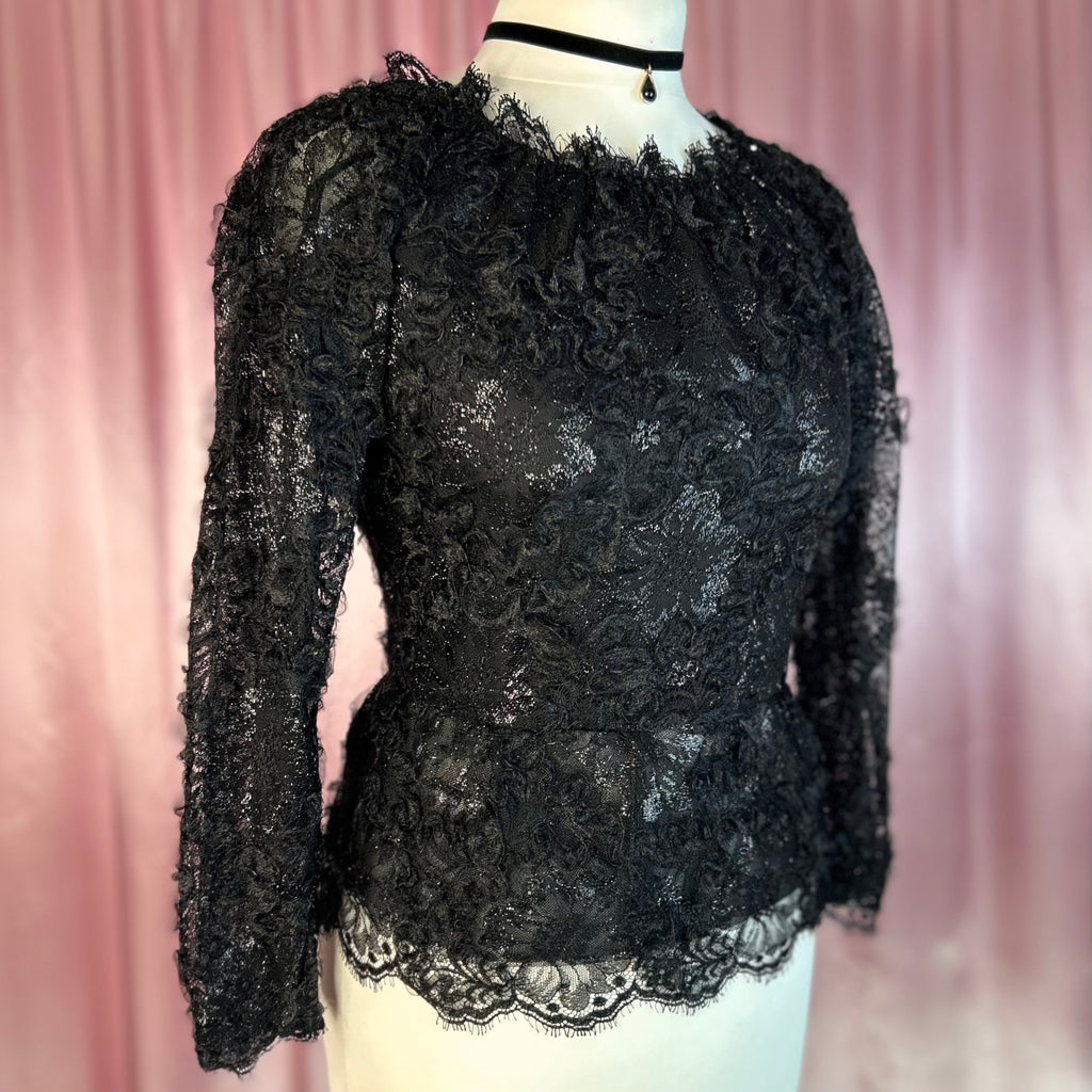 1980s black lacey top, Handmade, size 8