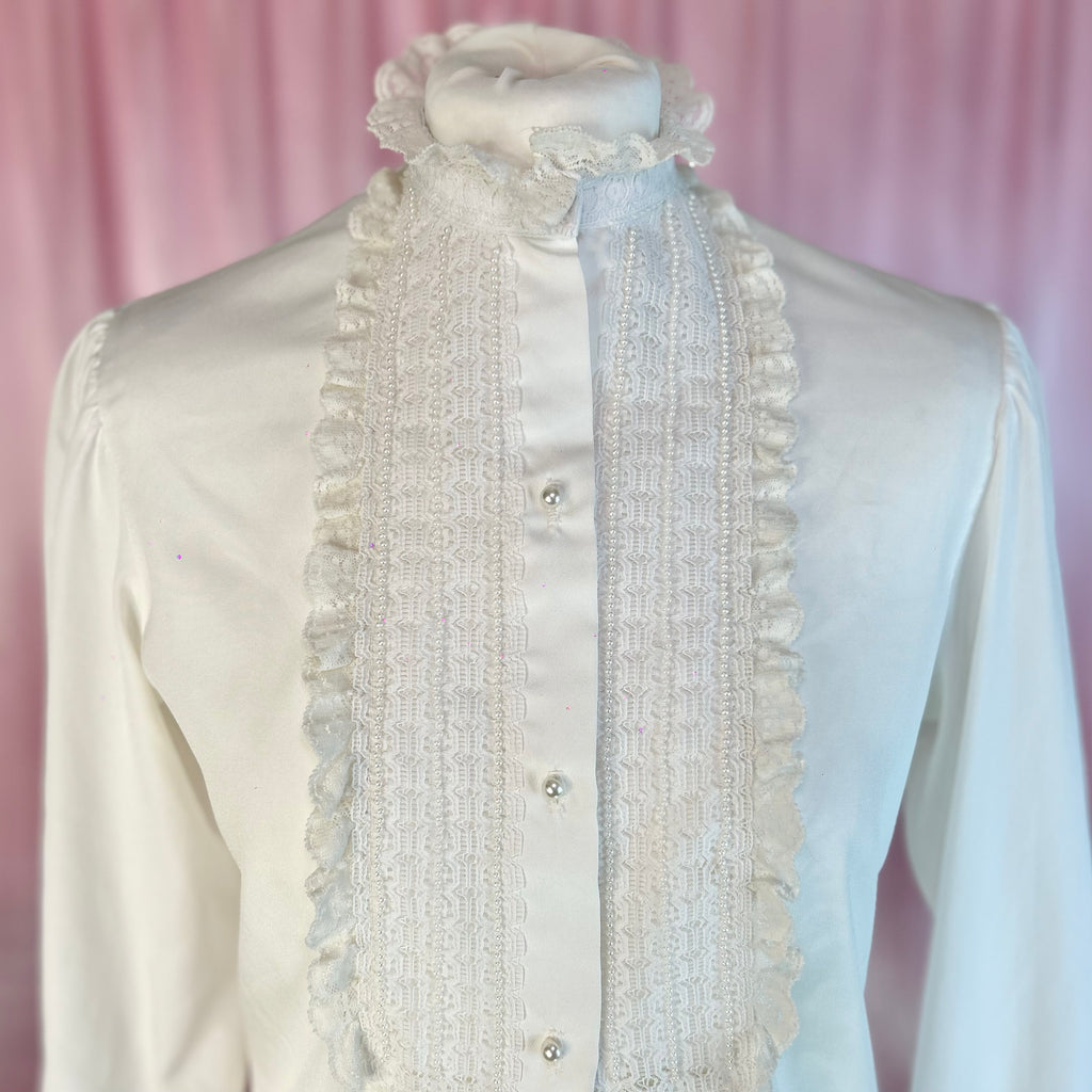 1980s White lace bib blouse, by RD#2, size 8