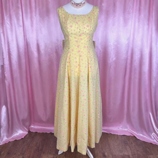 1950s Yellow floral maxi dress, handmade, size 14