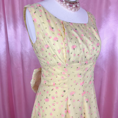 1950s Yellow floral maxi dress, handmade, size 14