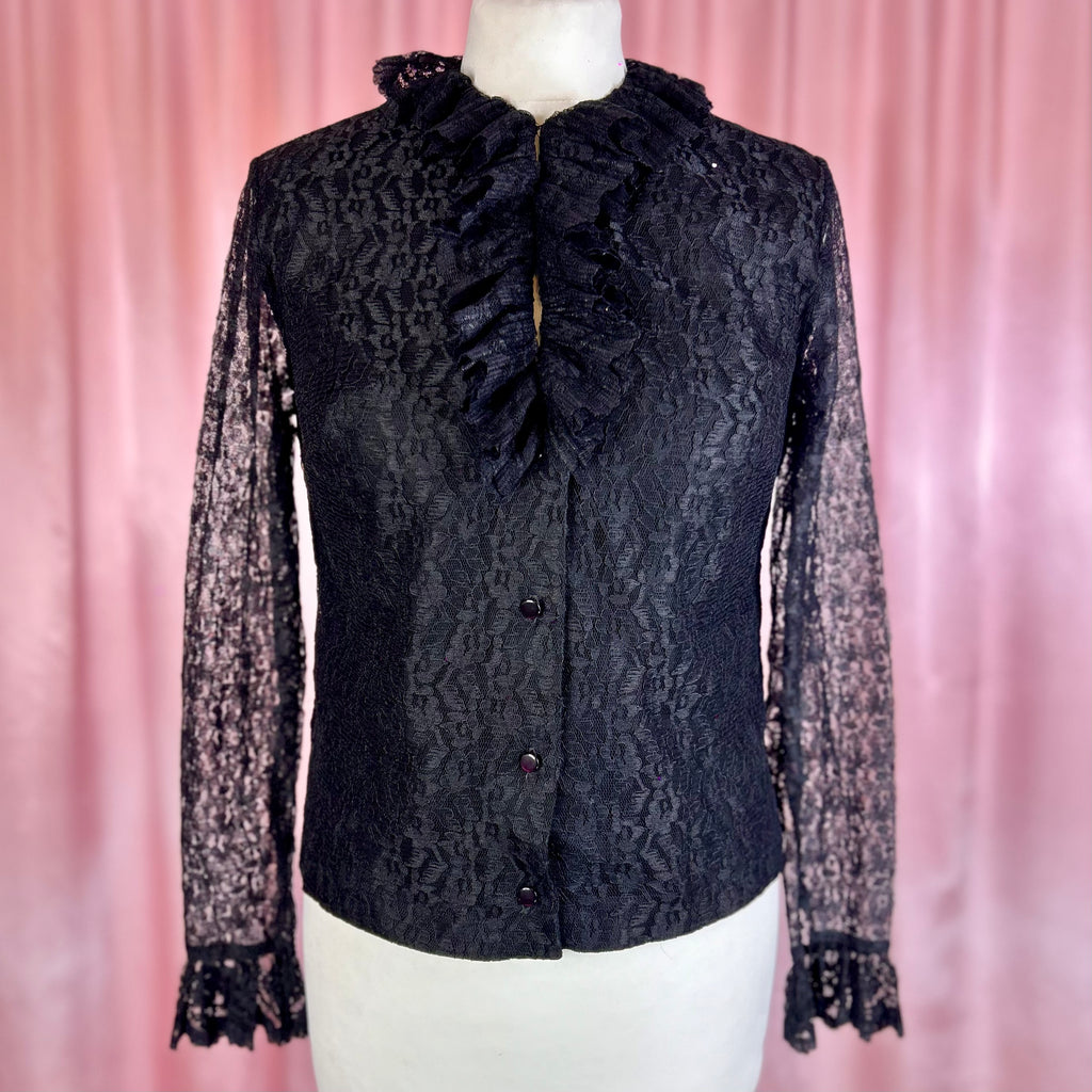 1960s Black lacey top, by Janet Colton, size 8