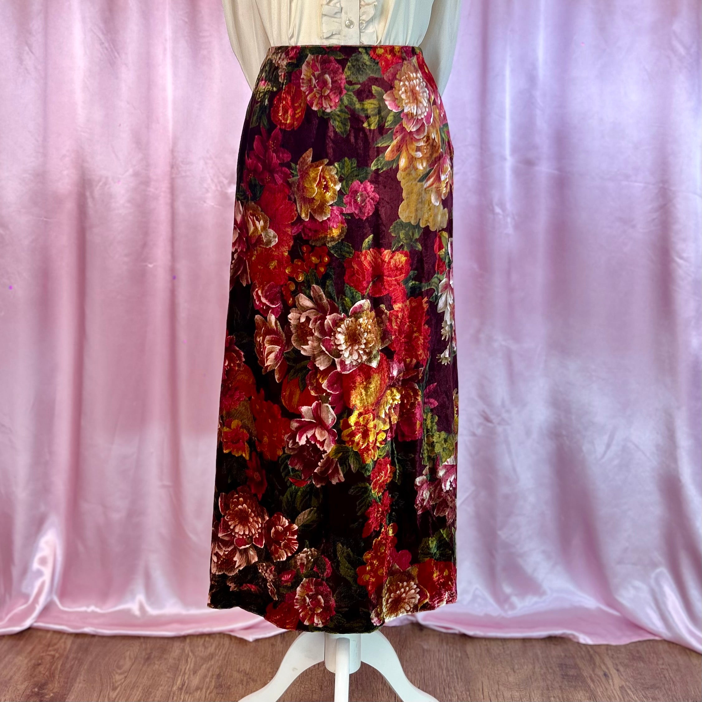 1990s Floral velvet midaxi skirt, handmade, size 6