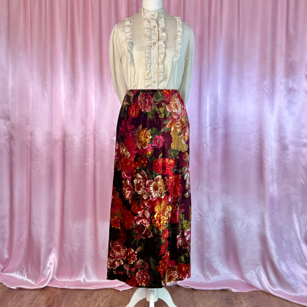 1990s Floral velvet midaxi skirt, handmade, size 6