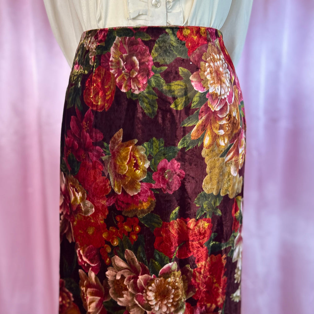 1990s Floral velvet midaxi skirt, handmade, size 6