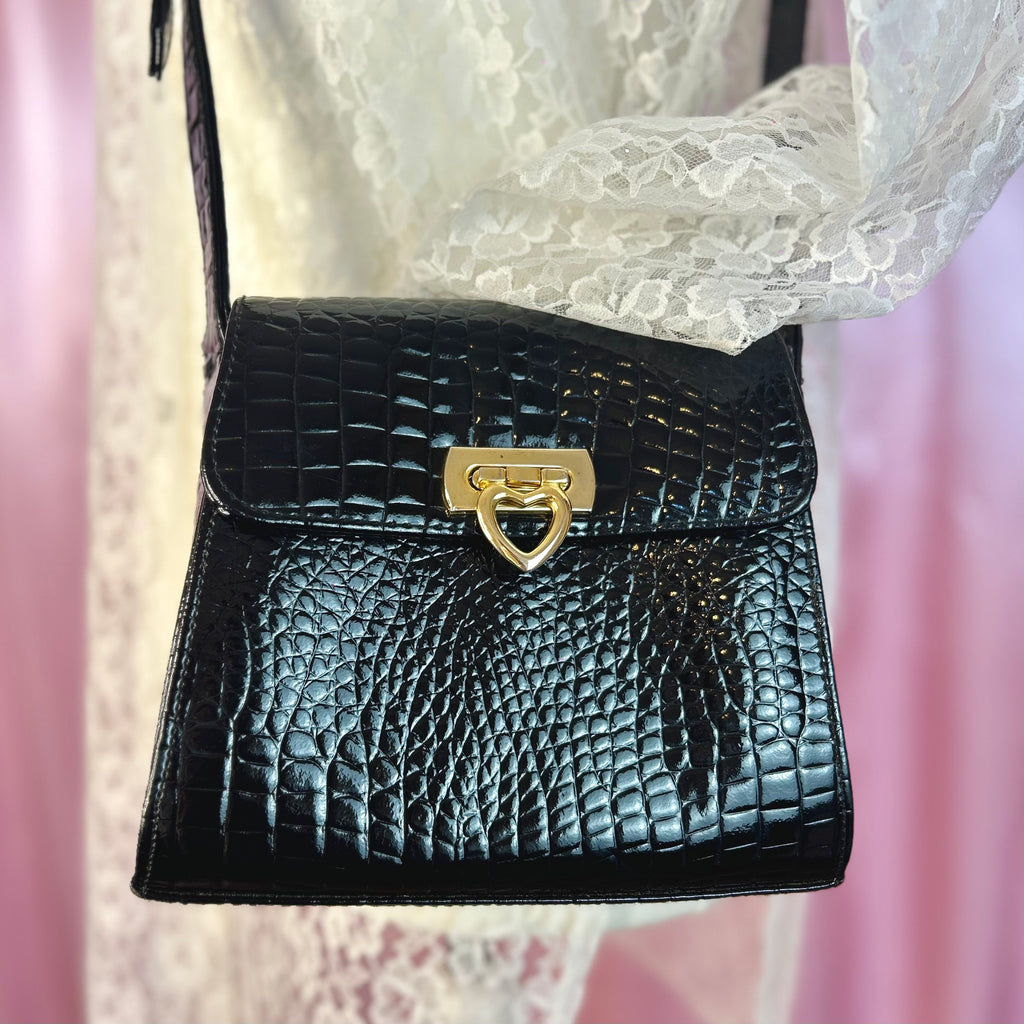 1990s Black patent heart clasp bag