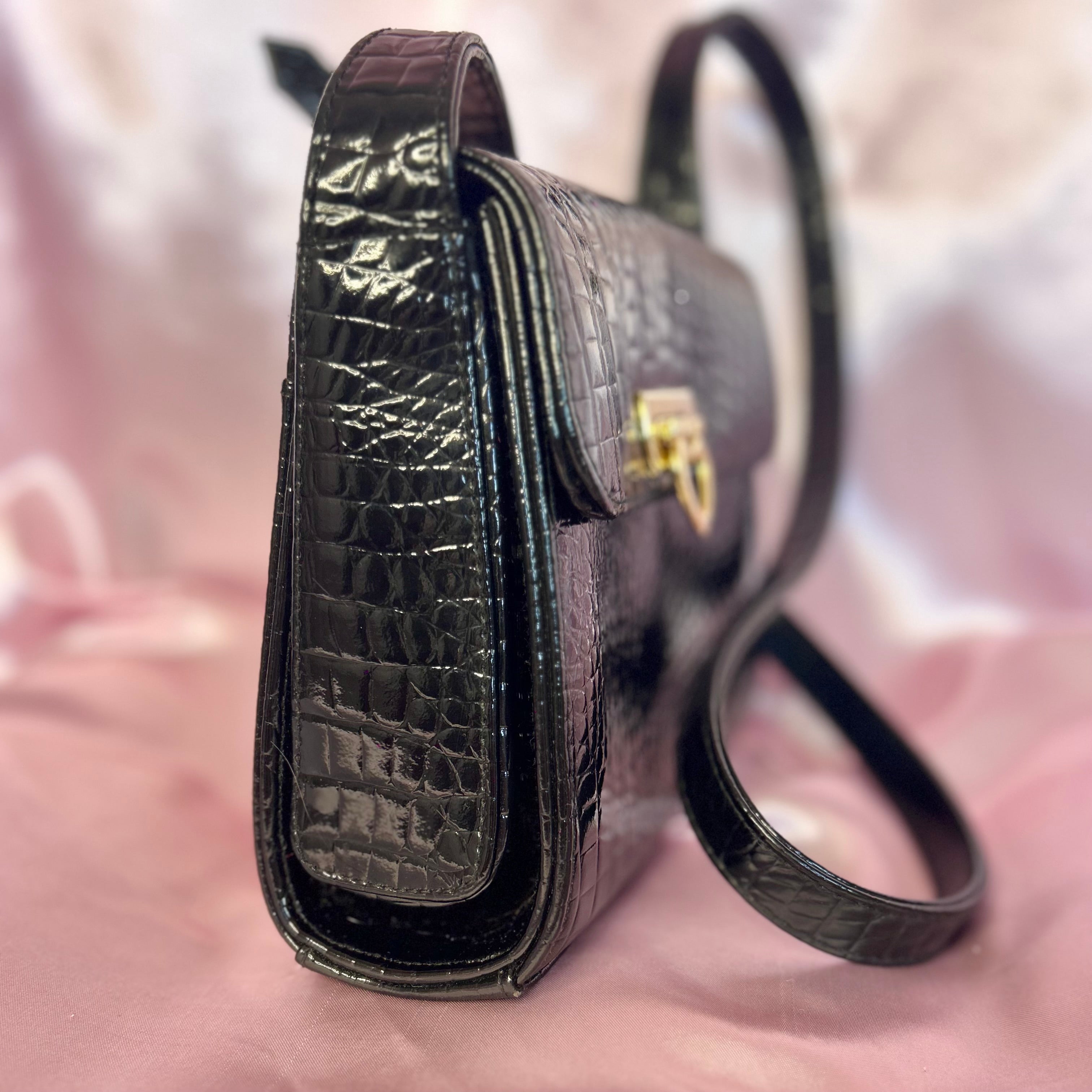 1990s Black patent heart clasp bag