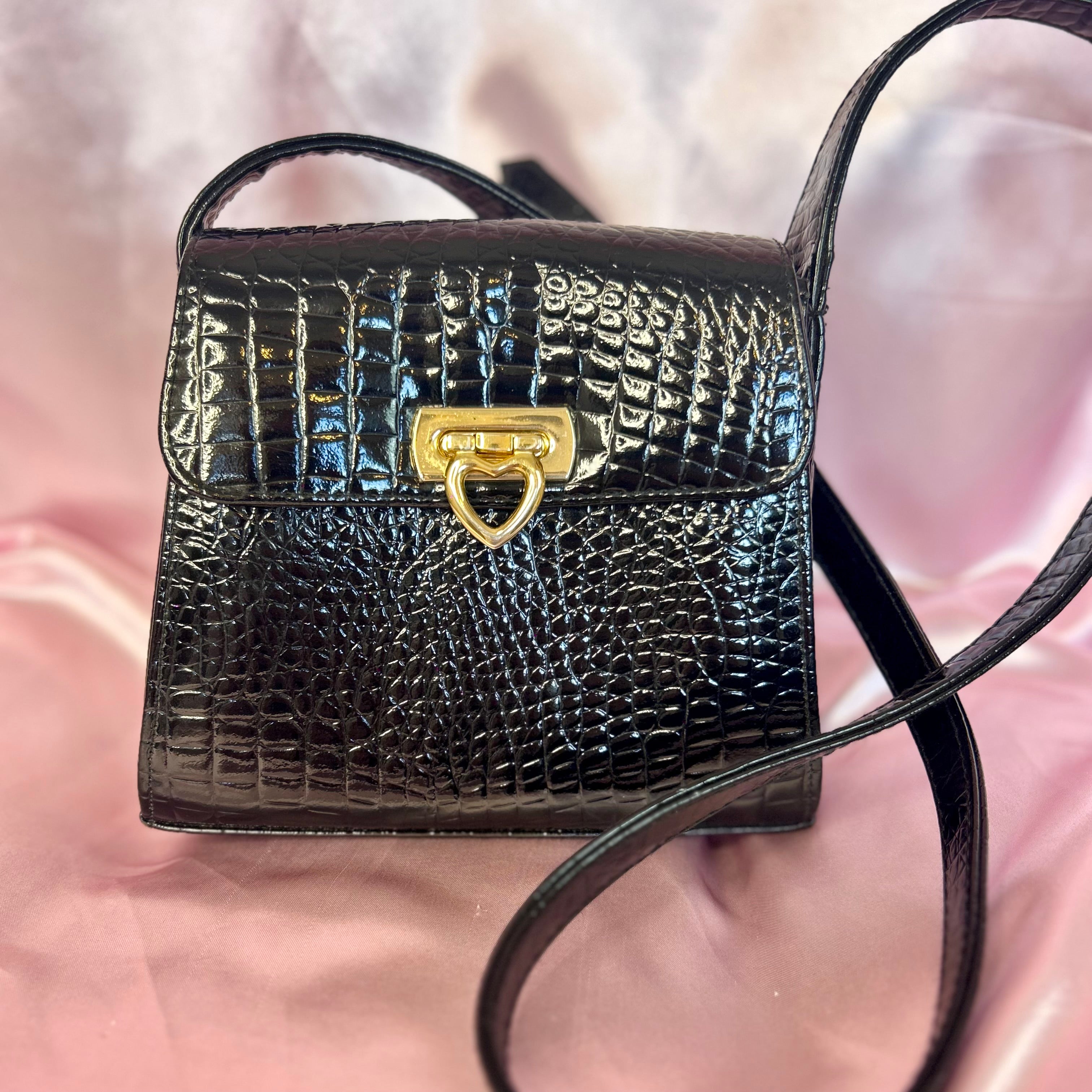 1990s Black patent heart clasp bag