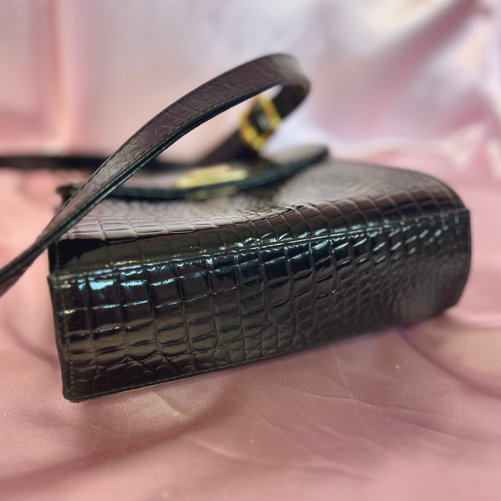 1990s Black patent heart clasp bag