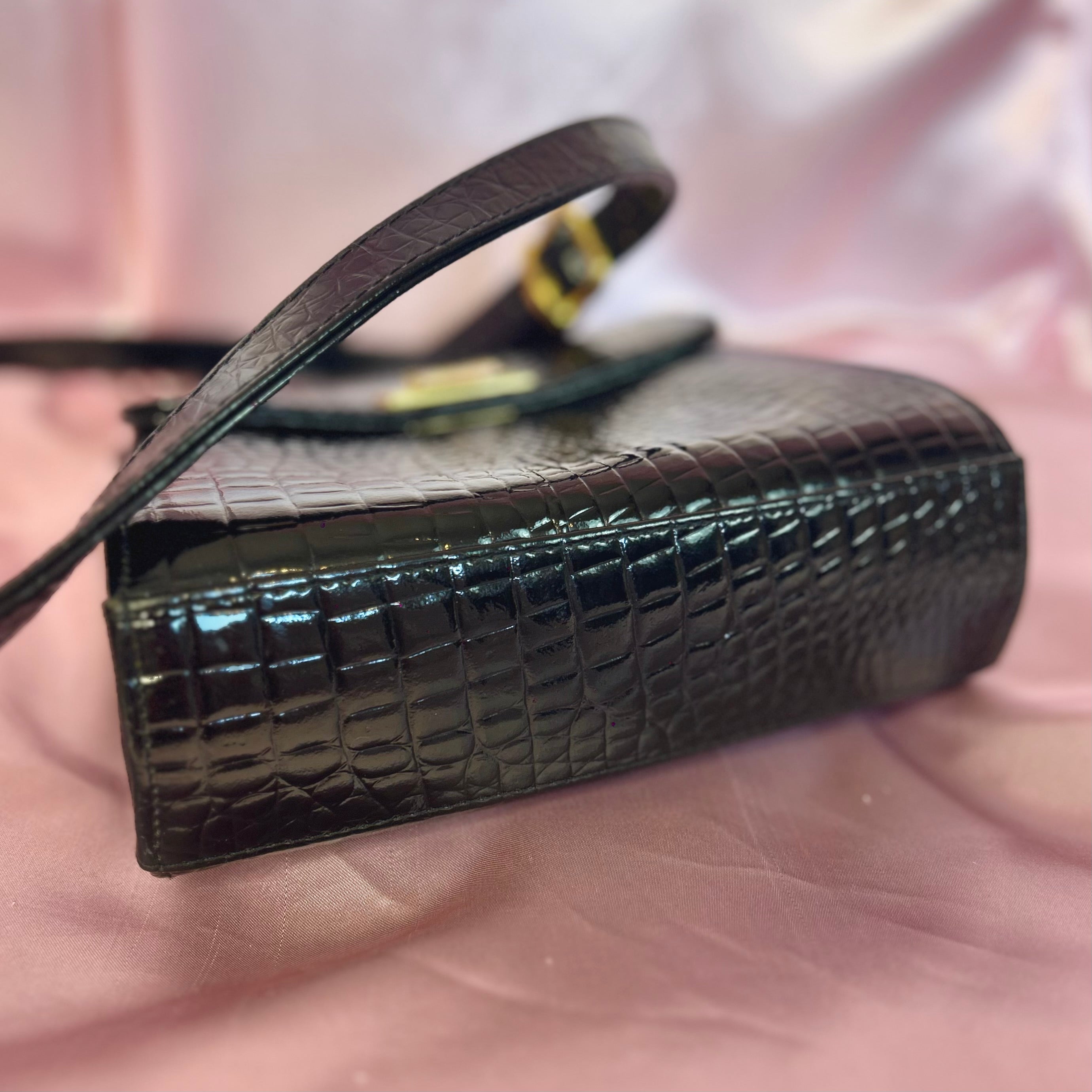 1990s Black patent heart clasp bag