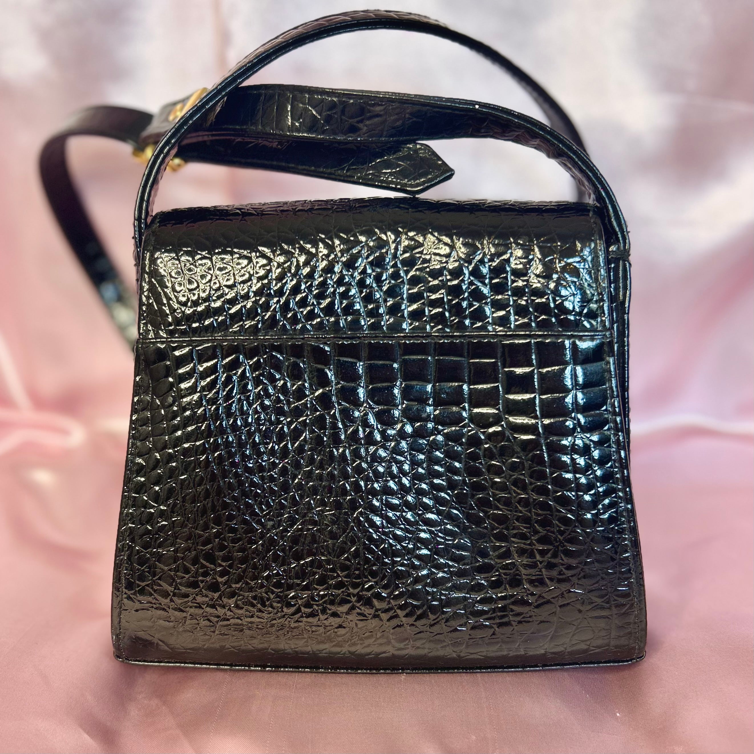 1990s Black patent heart clasp bag