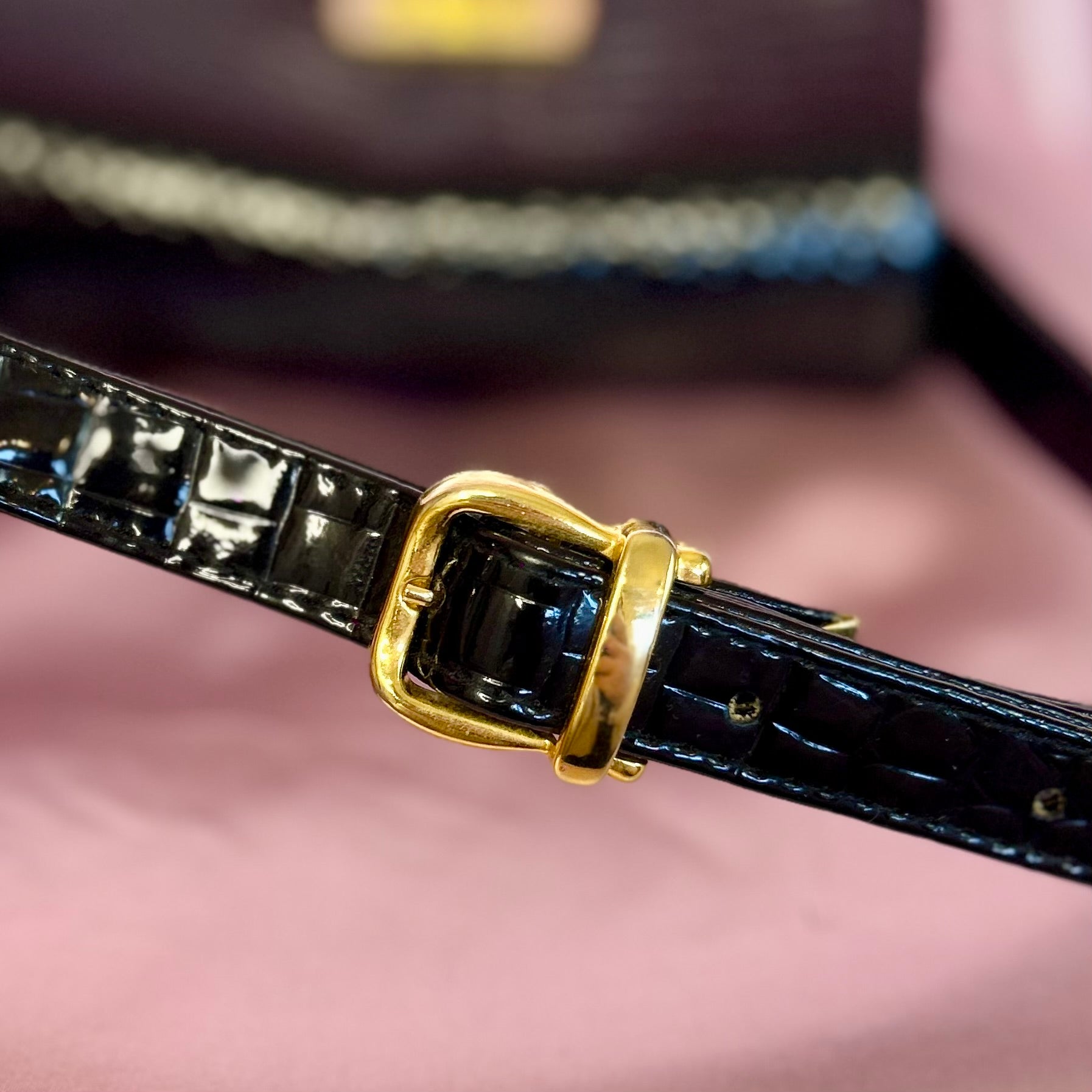 1990s Black patent heart clasp bag