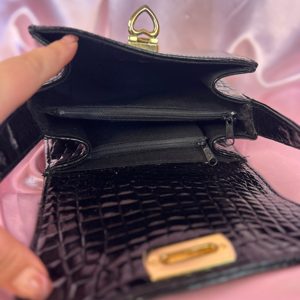 1990s Black patent heart clasp bag