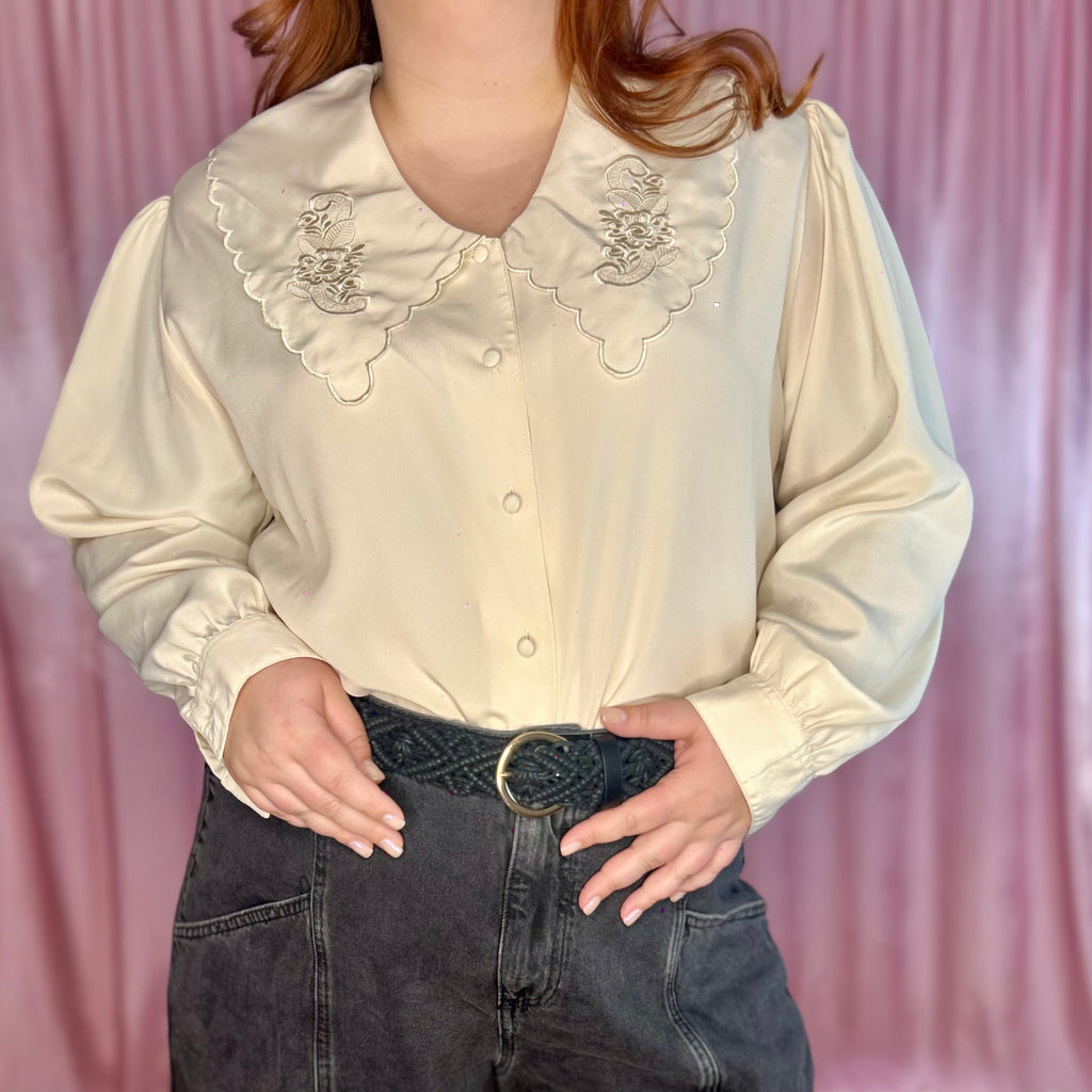 1980s Cream embroidered blouse, by C&A, size 20