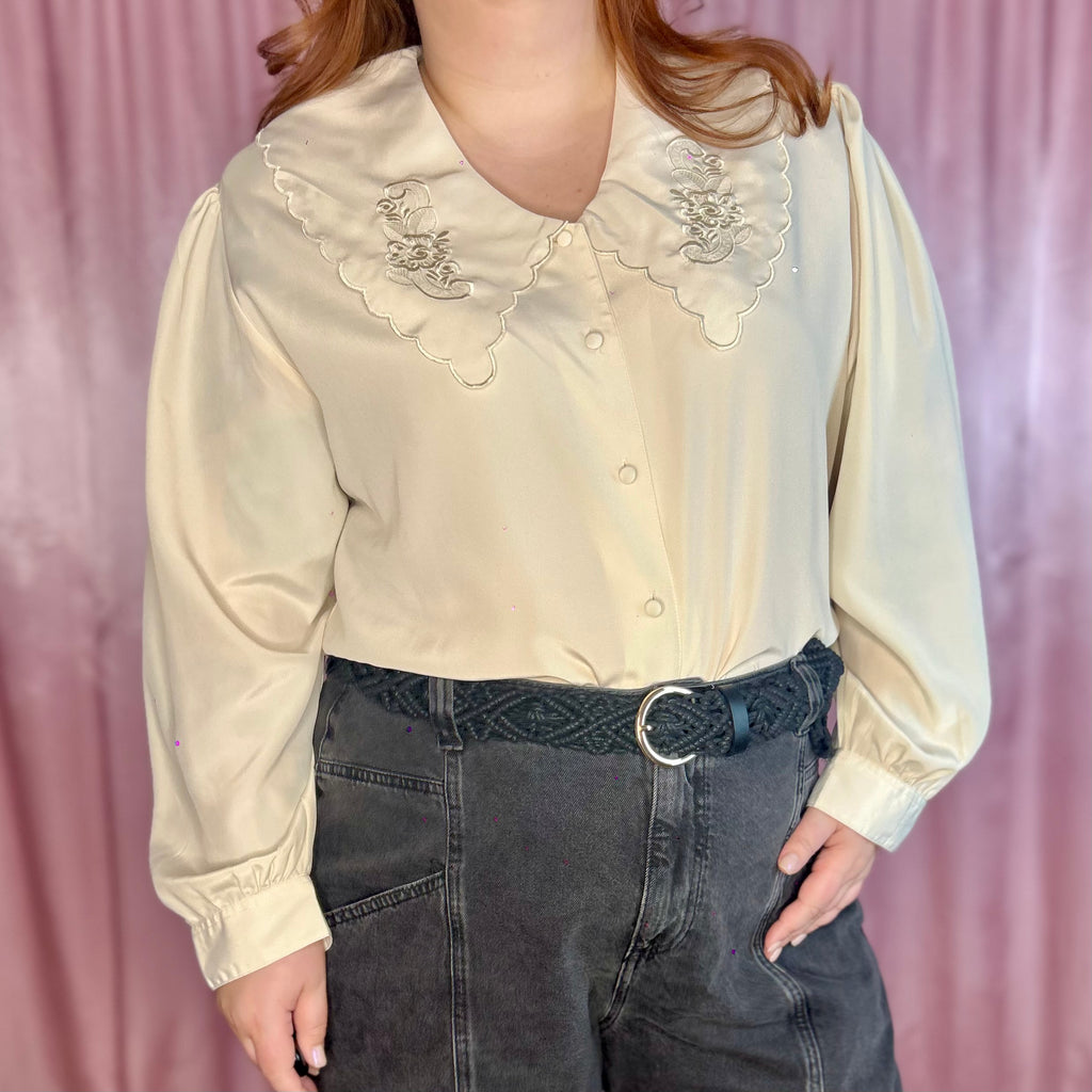 1980s Cream embroidered blouse, by C&A, size 20