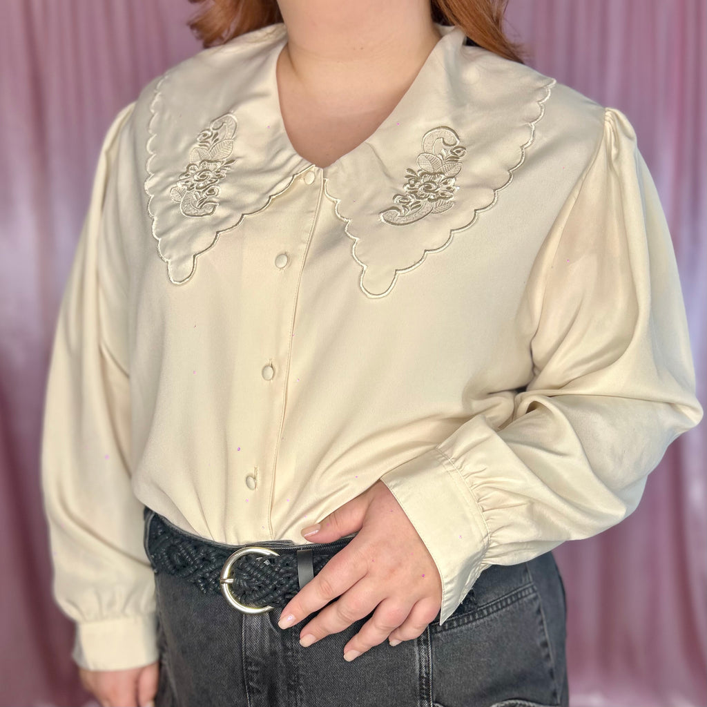 1980s Cream embroidered blouse, by C&A, size 20