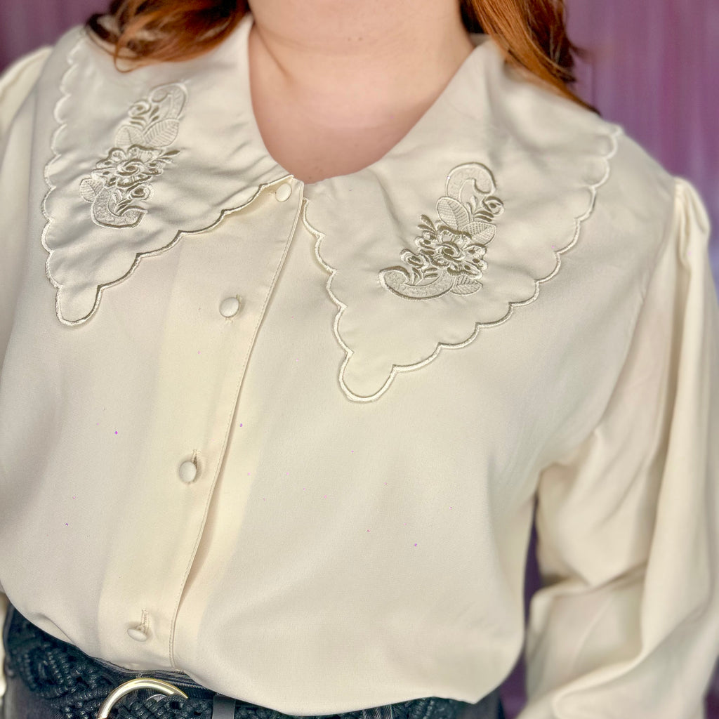 1980s Cream embroidered blouse, by C&A, size 20