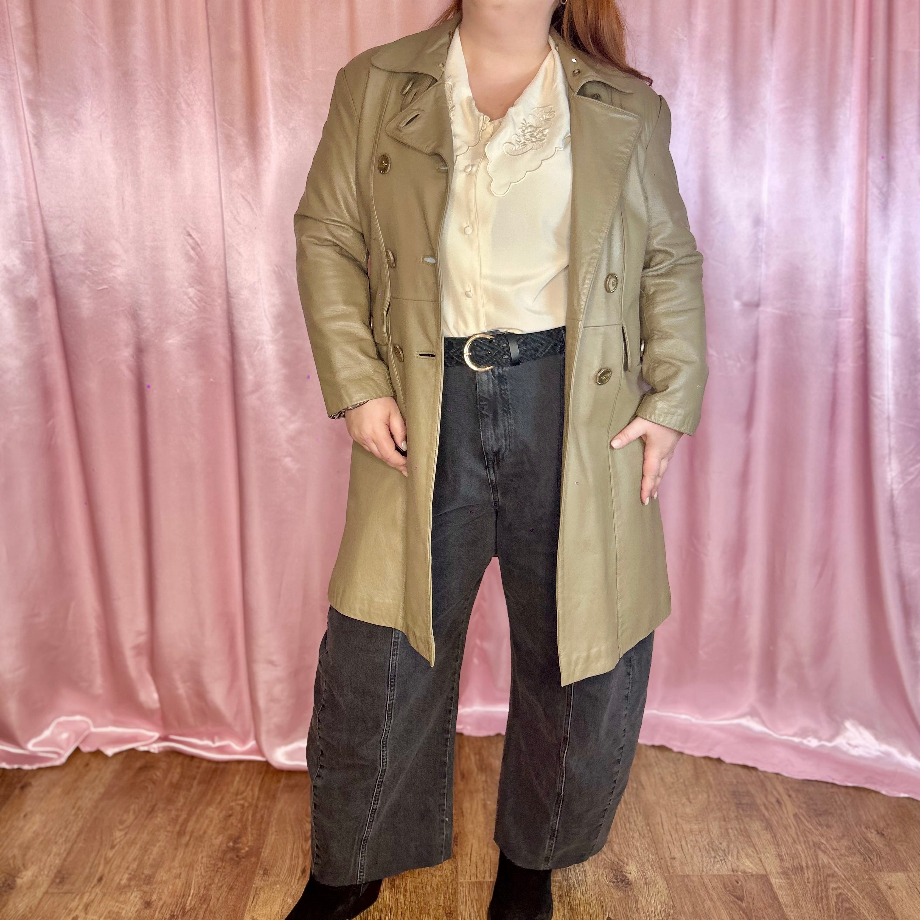 1980s Taupe leather trench coat, unbranded, size 16