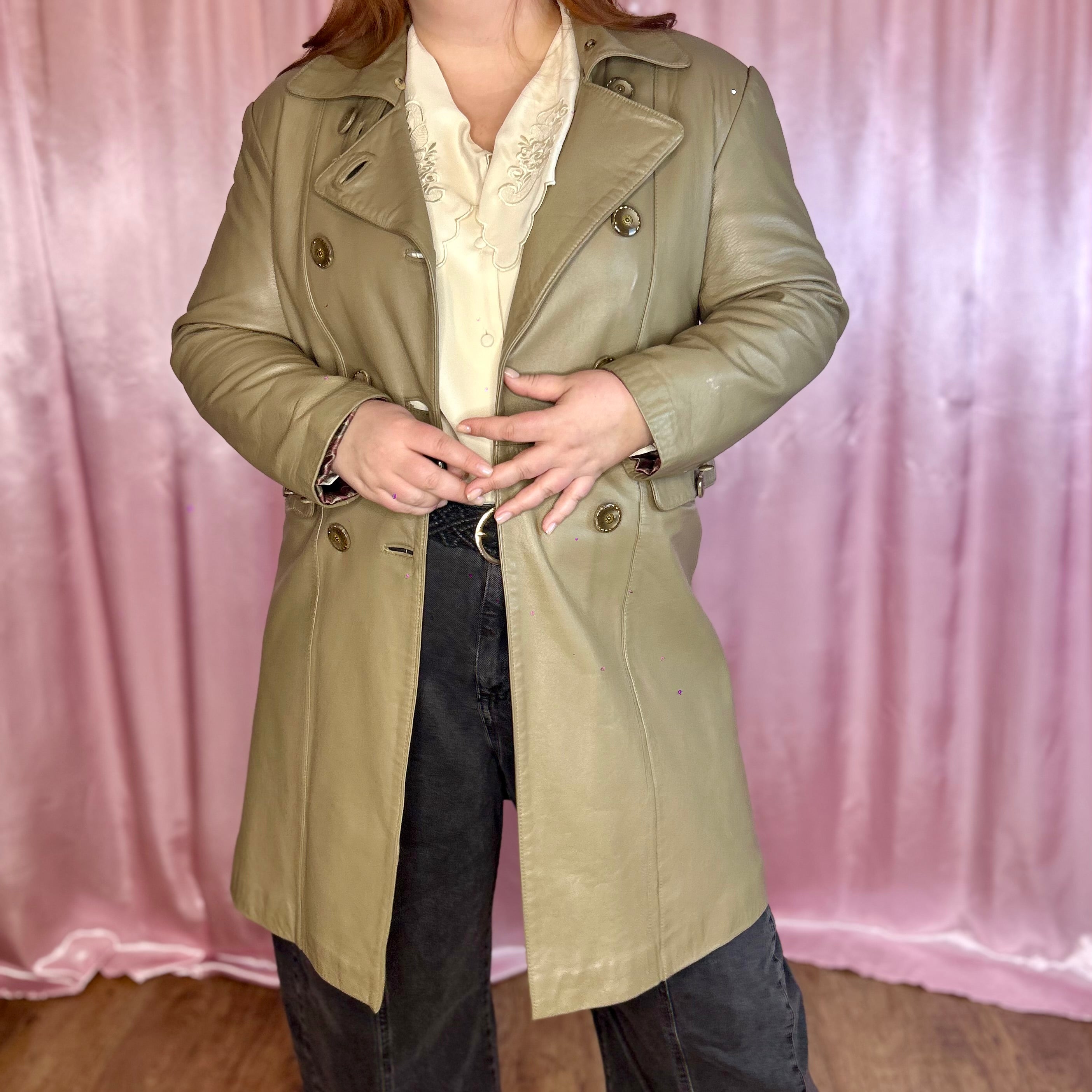 1980s Taupe leather trench coat, unbranded, size 16