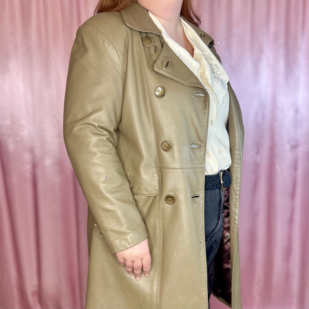 1980s Taupe leather trench coat, unbranded, size 16