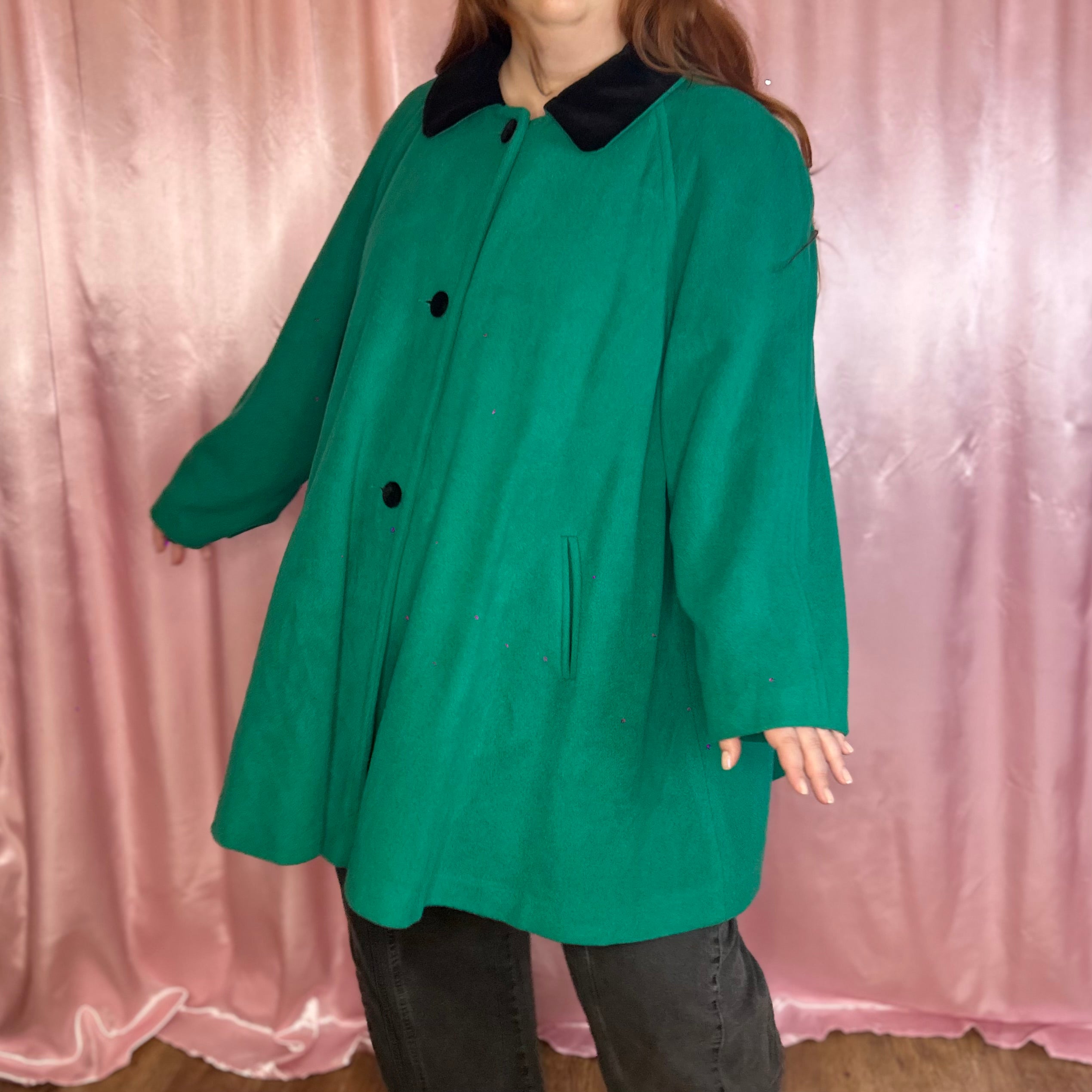 1980s Green wool swing coat, by Essence, size 24