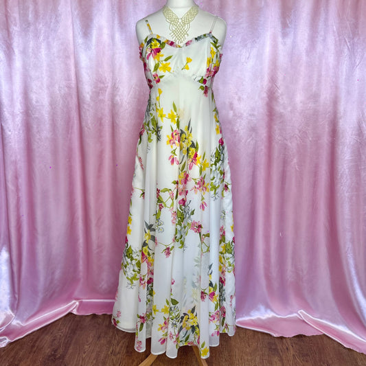 1970s Cream floral maxi dress, unbranded, size 6