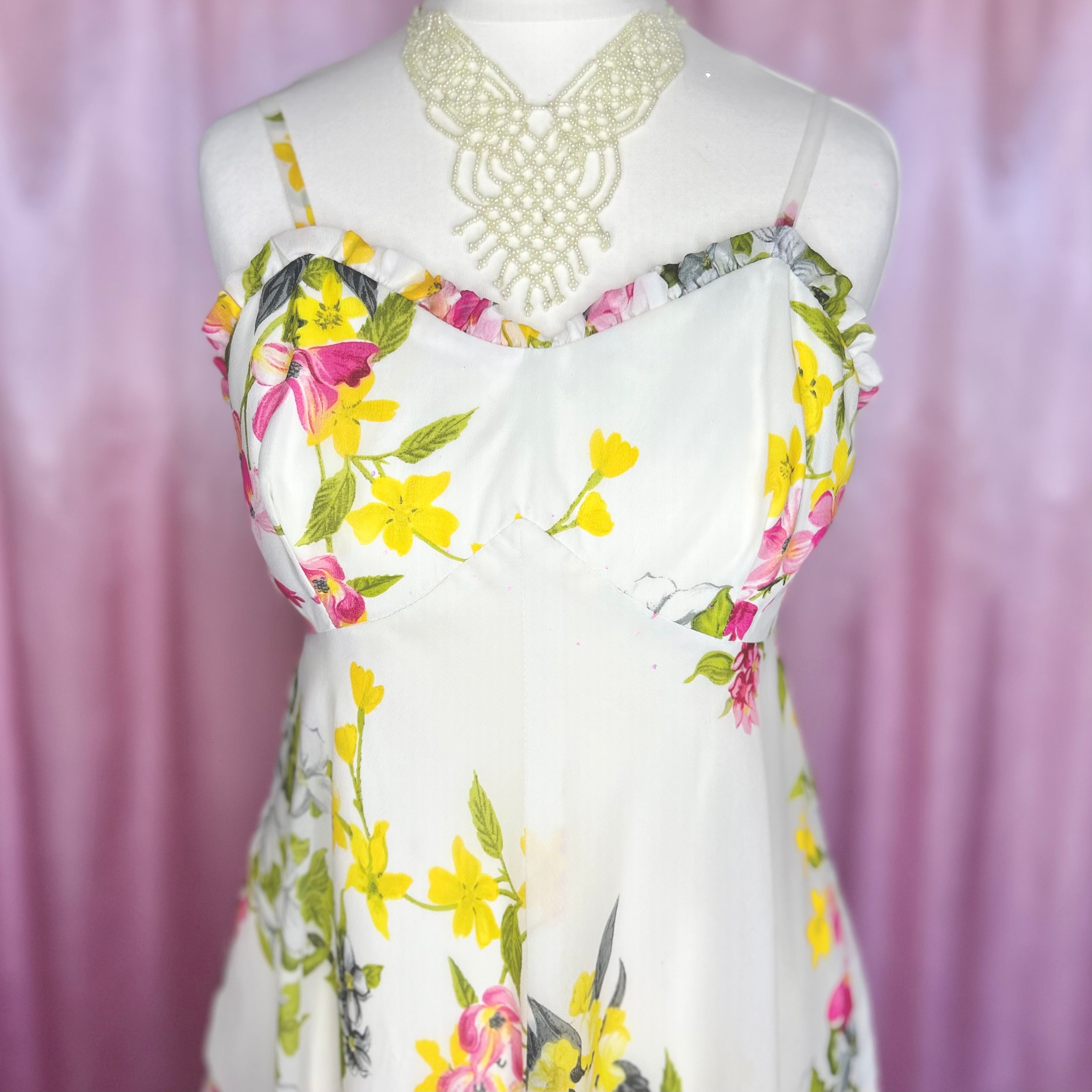 1970s Cream floral maxi dress, unbranded, size 6