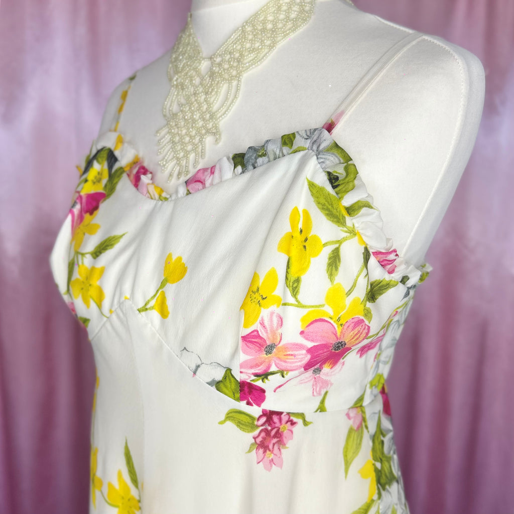 1970s Cream floral maxi dress, unbranded, size 6