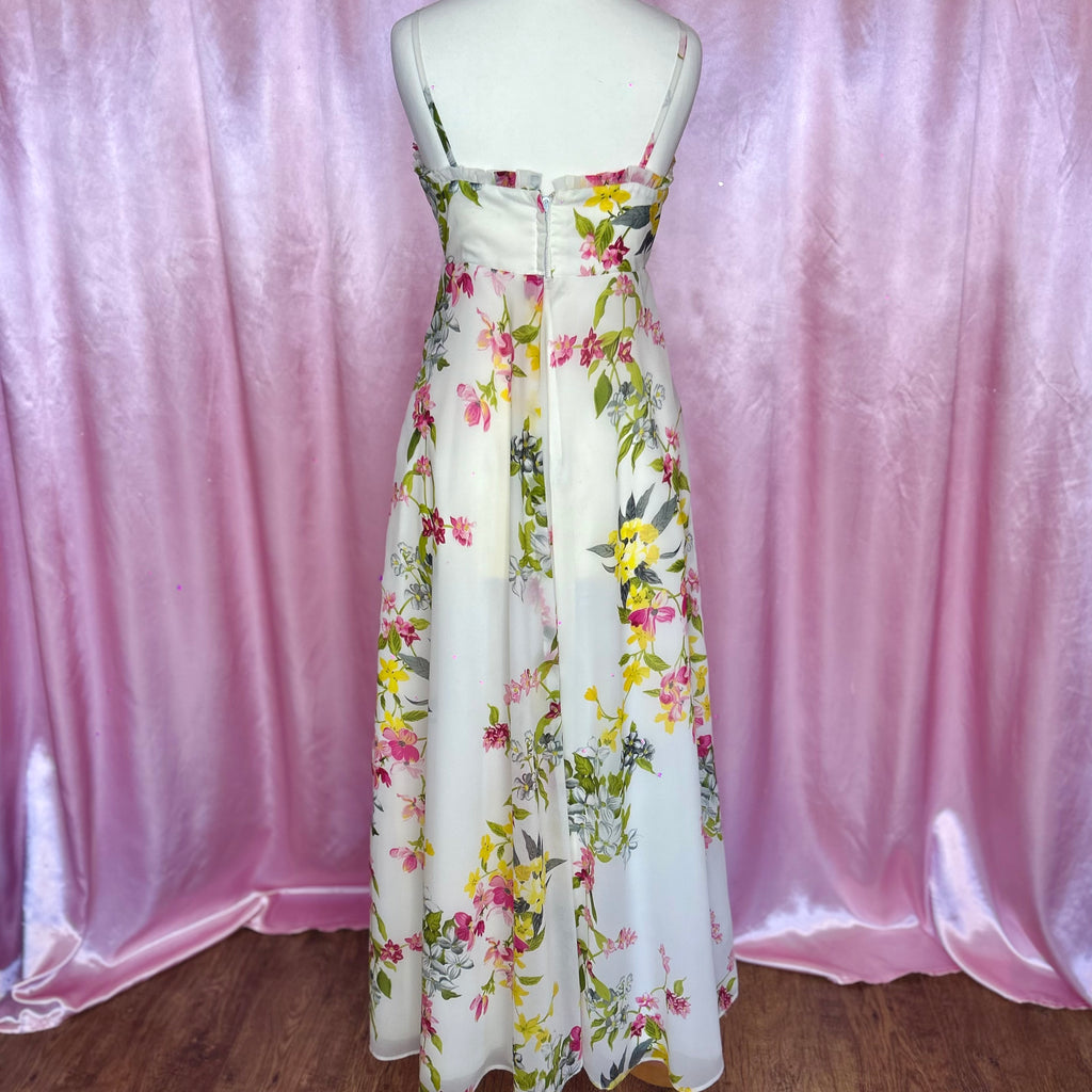 1970s Cream floral maxi dress, unbranded, size 6