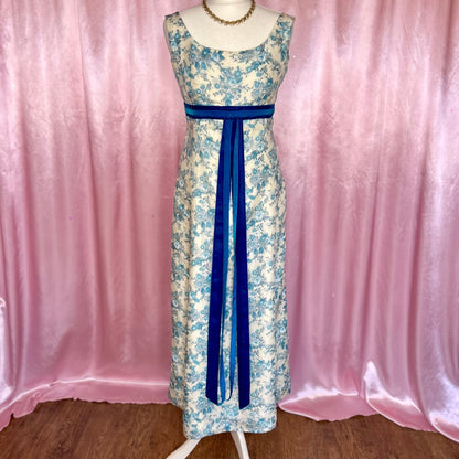 1960s Cream & Blue floral maxi, handmade, size 10