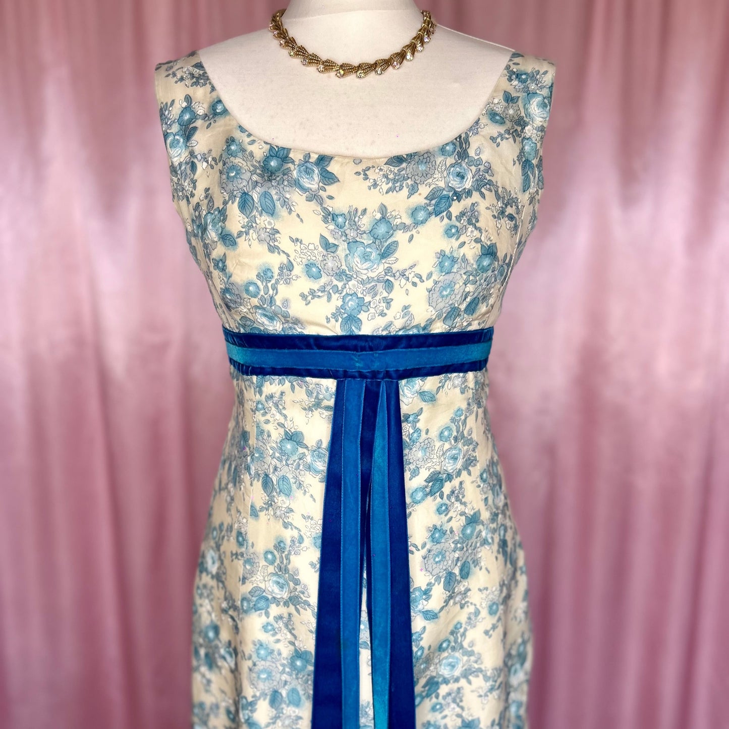 1960s Cream & Blue floral maxi, handmade, size 10