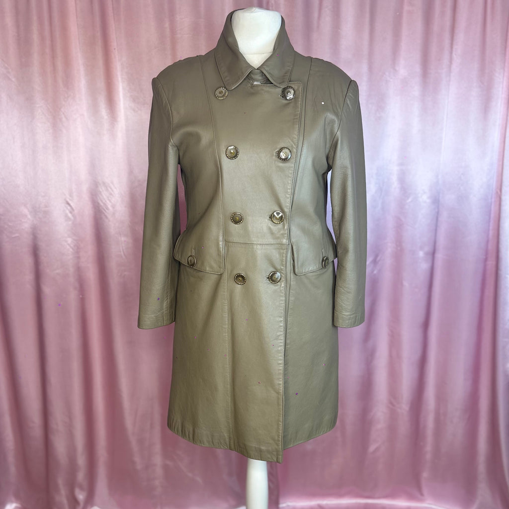 1980s Taupe leather trench coat, unbranded, size 16