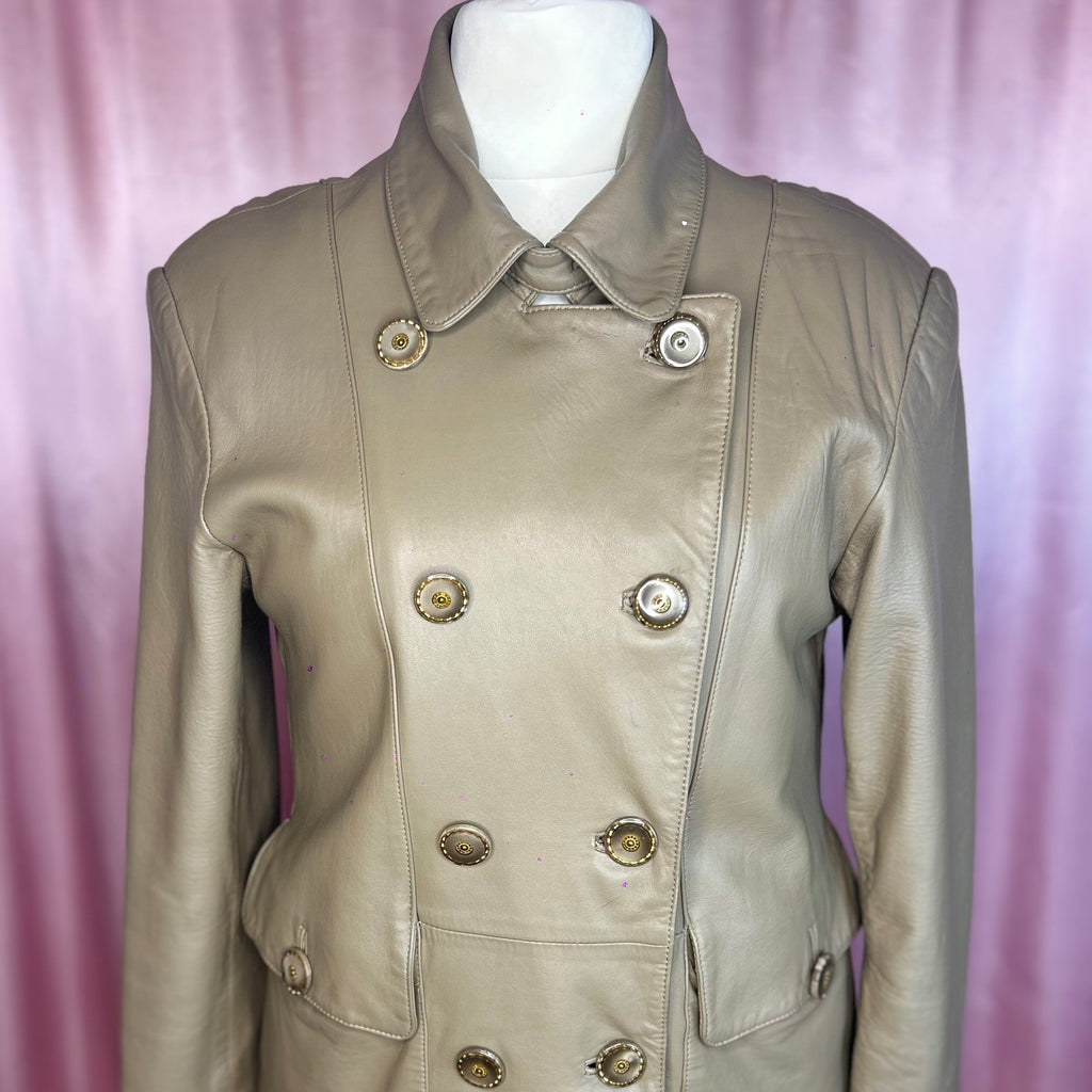 1980s Taupe leather trench coat, unbranded, size 16