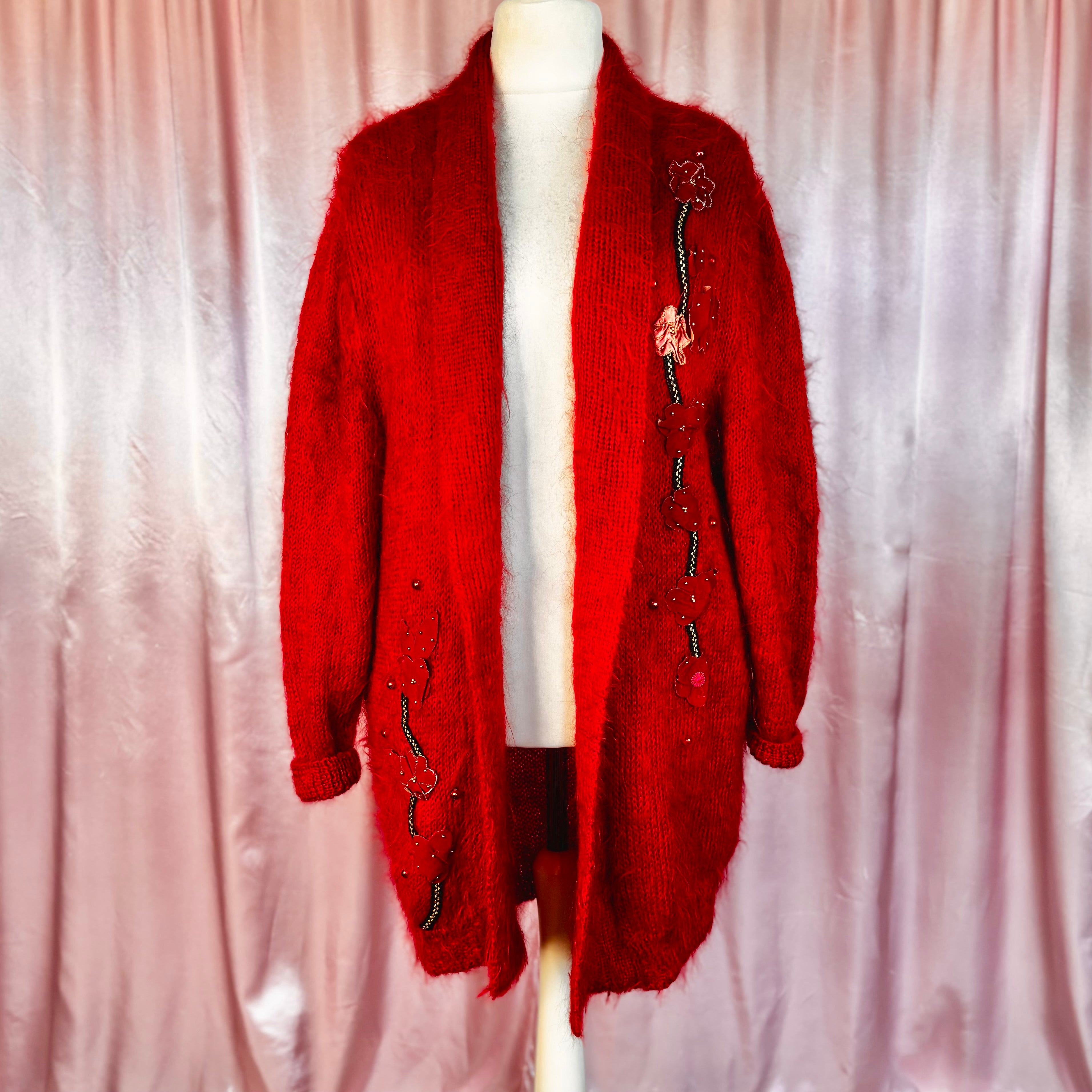 1980s Red mohair coatigan, unbranded, size 18