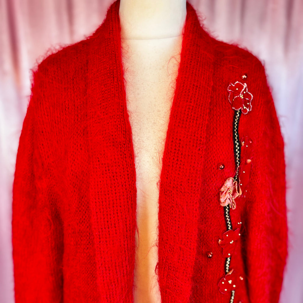 1980s Red mohair coatigan, unbranded, size 18