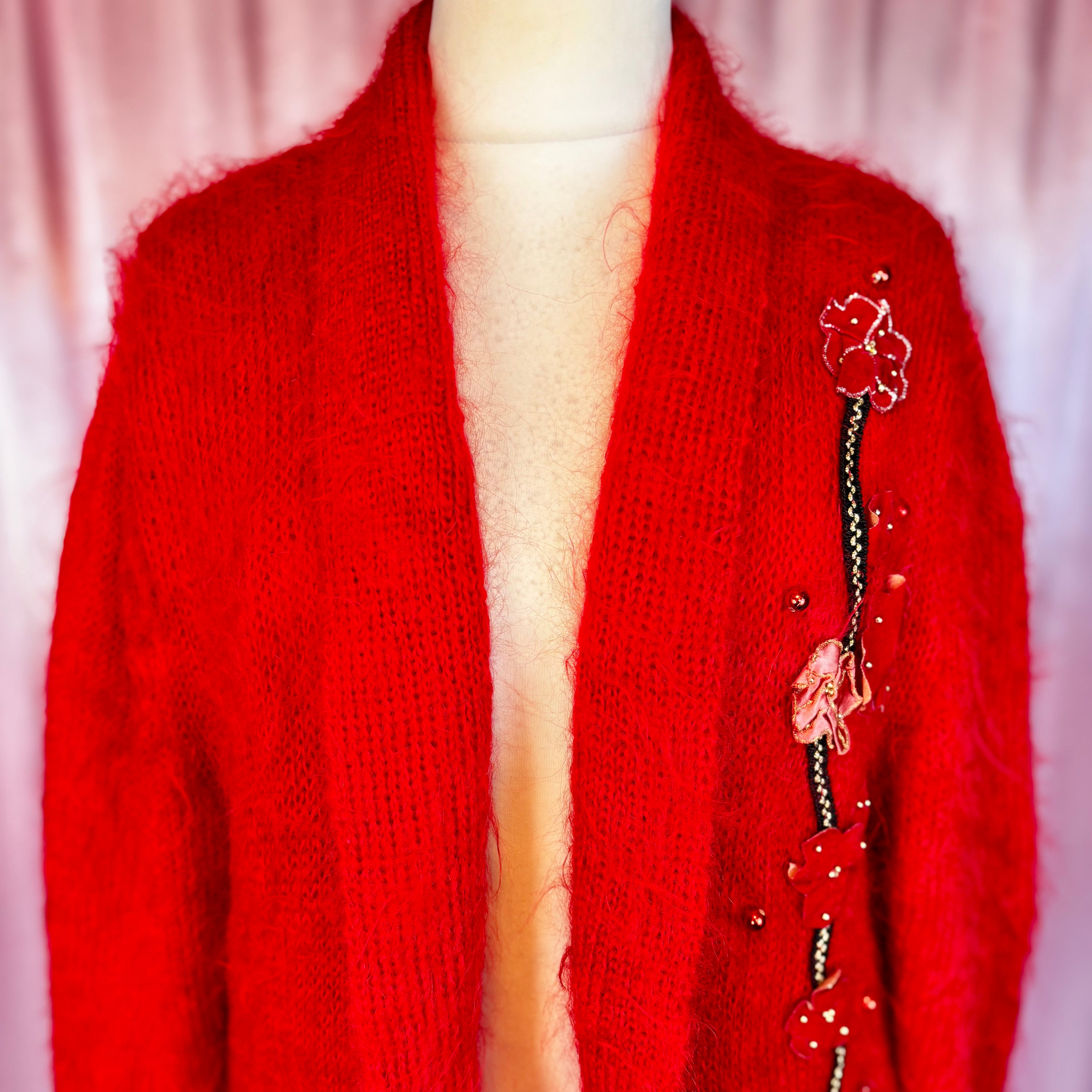 1980s Red mohair coatigan, unbranded, size 18