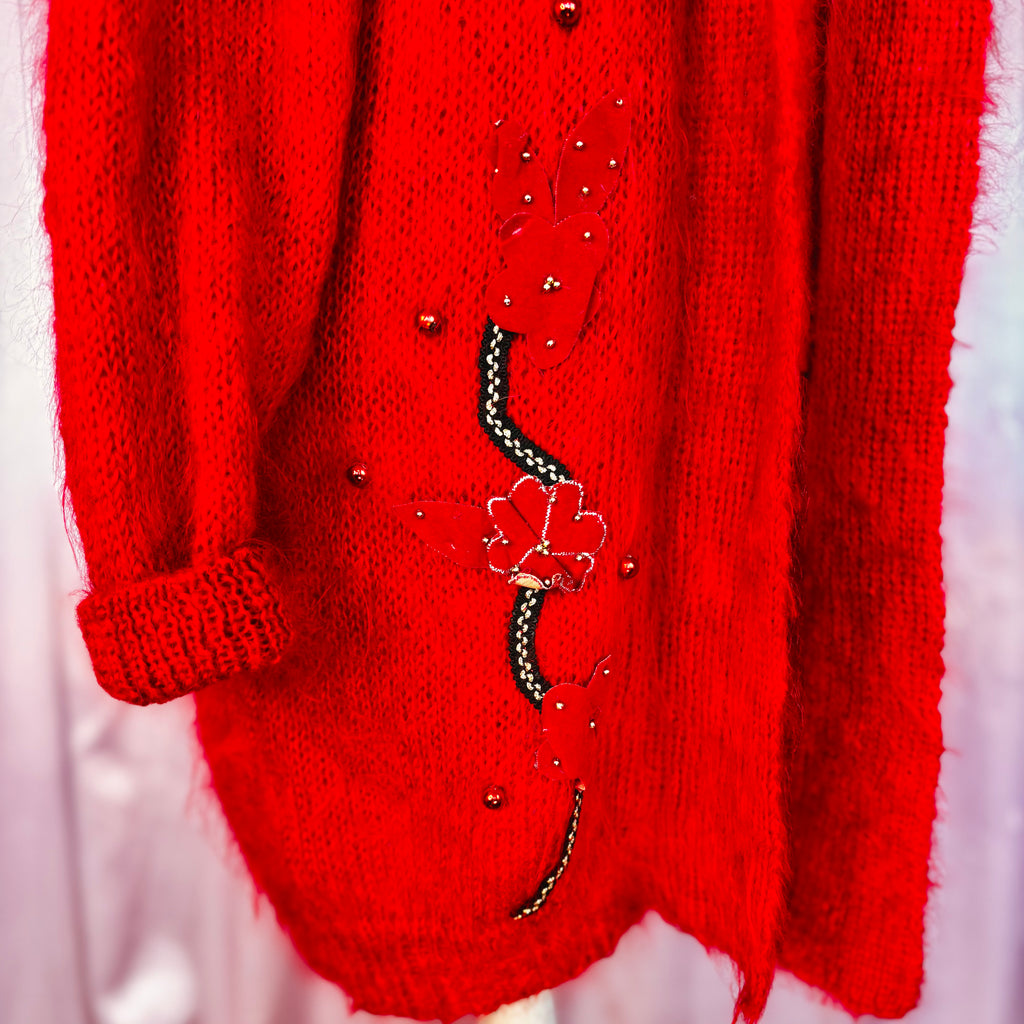 1980s Red mohair coatigan, unbranded, size 18