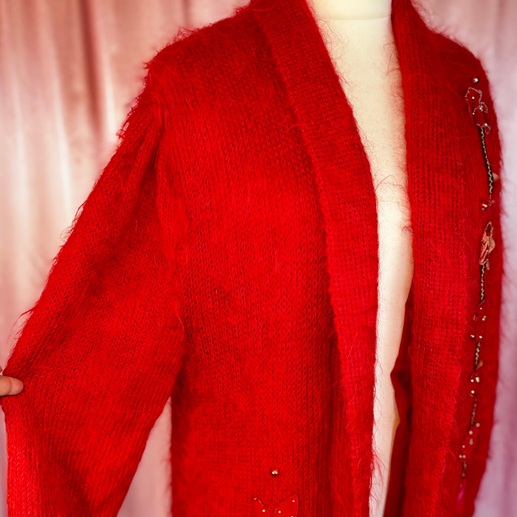1980s Red mohair coatigan, unbranded, size 18