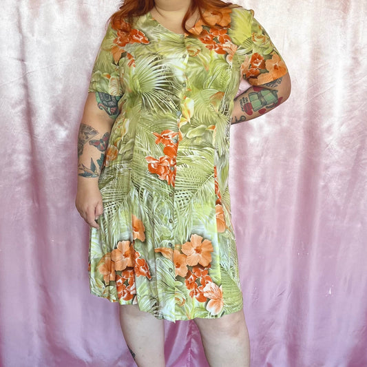 1990s tropical print viscose dress, by Nice Day, size 18
