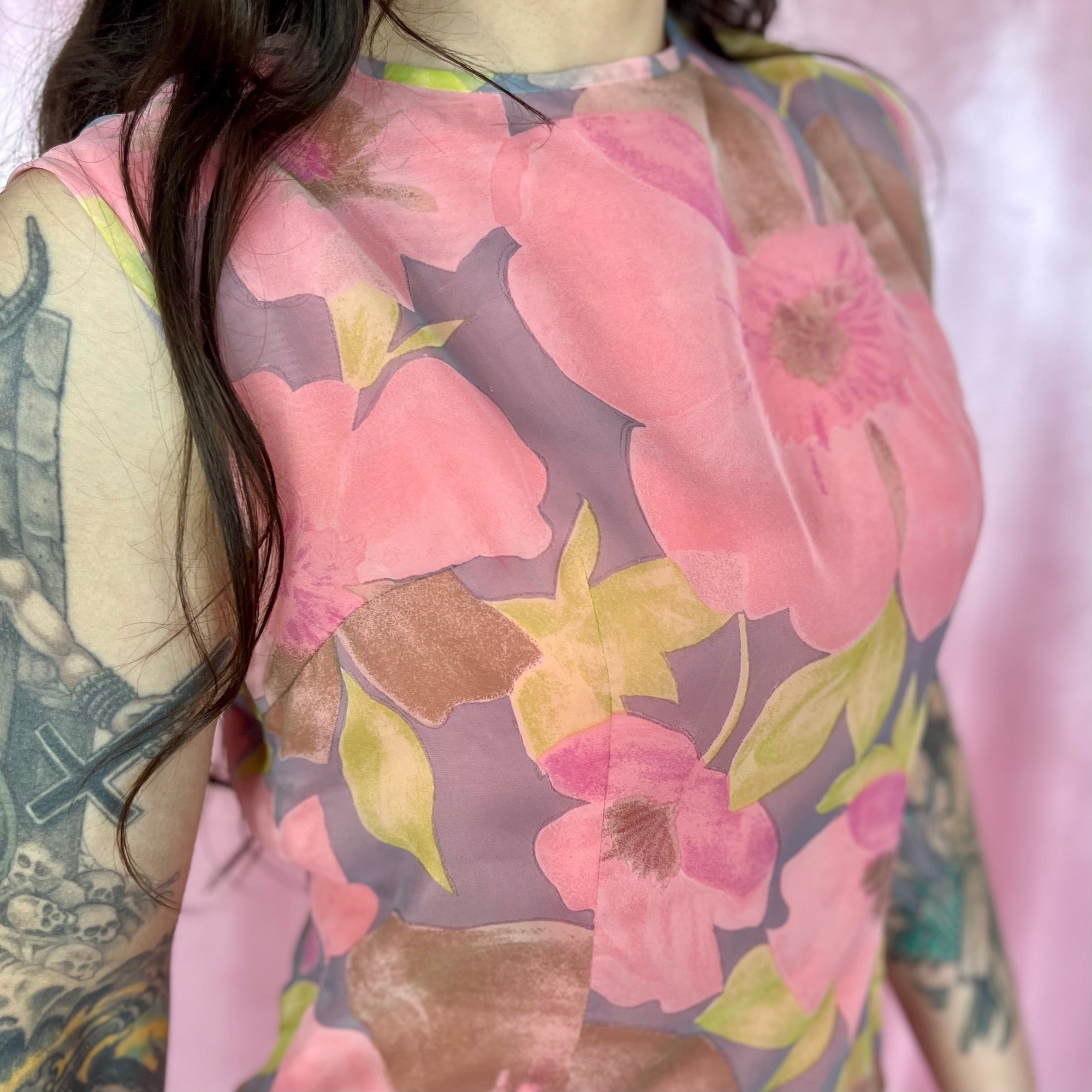 1960s Pink floral mini dress, handmade, size 8