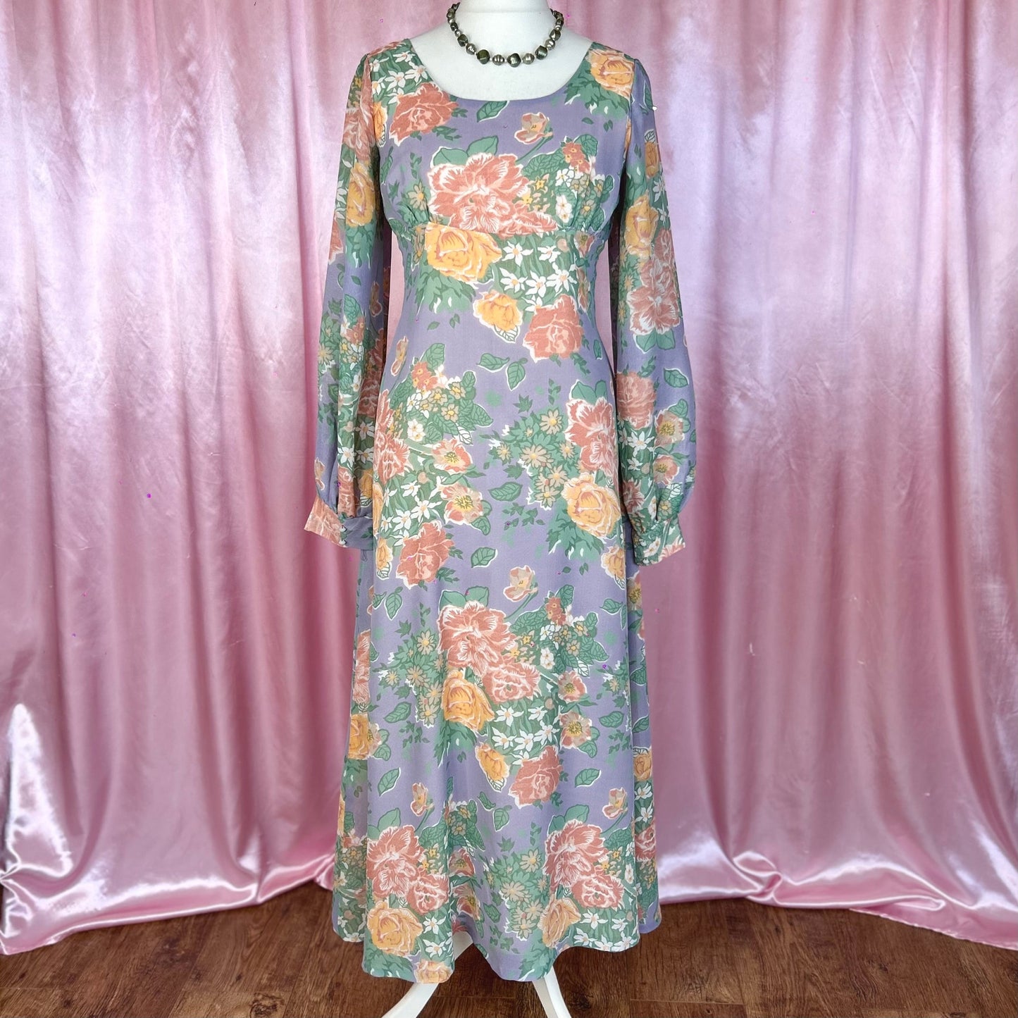 1970s Pastel floral maxi dress, handmade, size 14