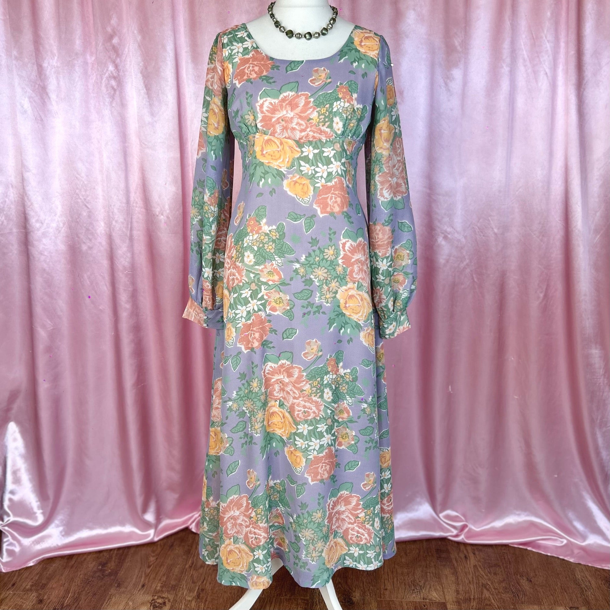 1970s Pastel floral maxi dress, handmade, size 14