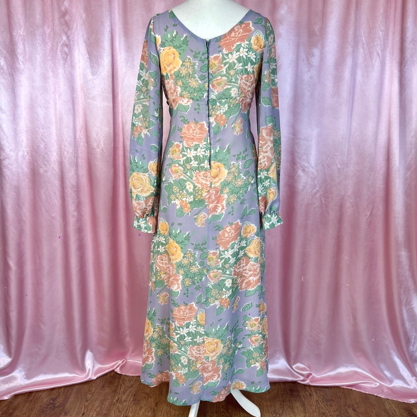 1970s Pastel floral maxi dress, handmade, size 14