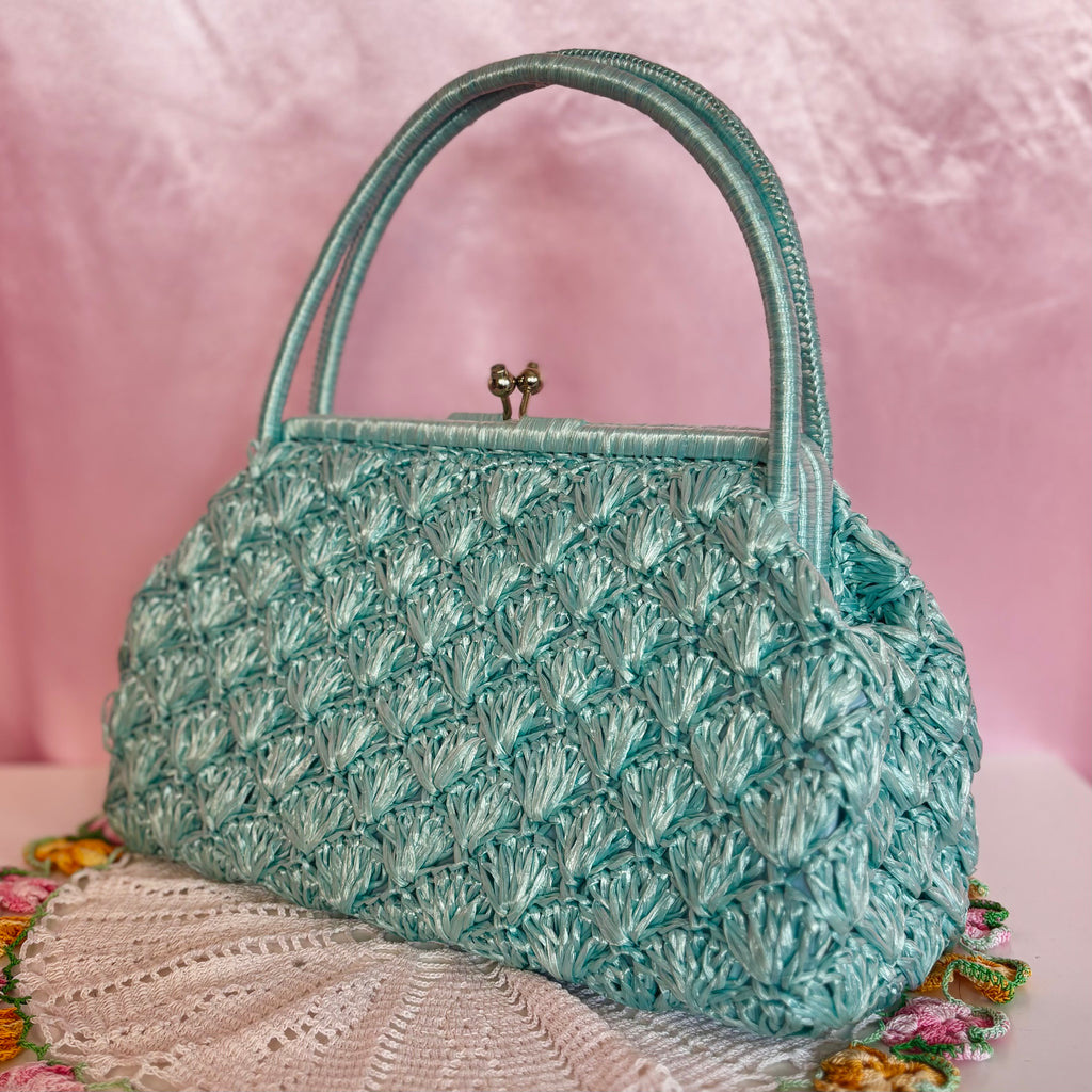 1960s Blue crochet raffia bag