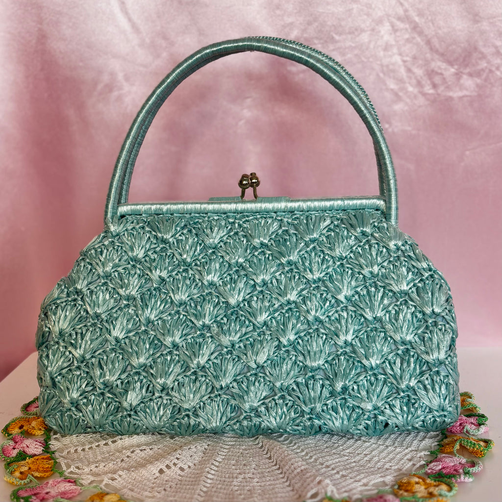1960s Blue crochet raffia bag
