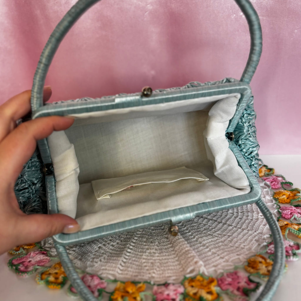 1960s Blue crochet raffia bag